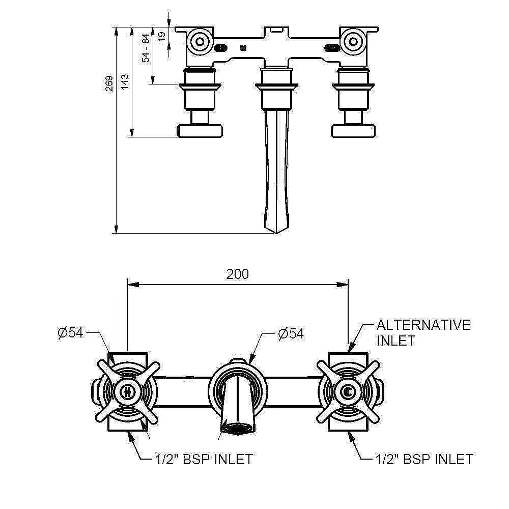 C.P. Hart Epoch Wall-Mounted 3-Piece Basin Mixer 185-215mm without Waste
